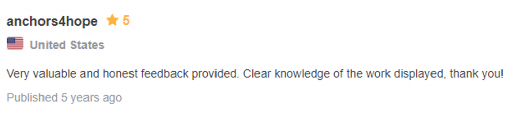 Testimonial: 5 starts, from anchors 4 hope, united states "Very valuable and honest feedback provided. Clear knowledge of the work displayed, thank you!"